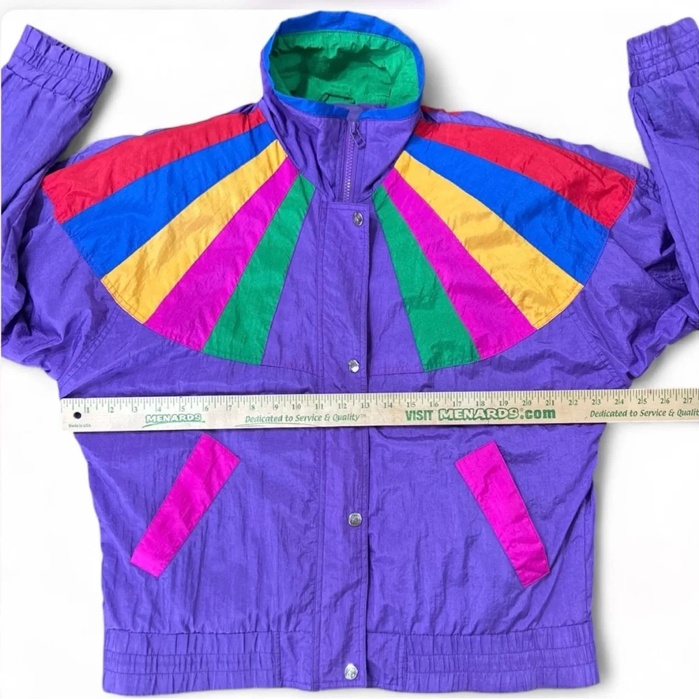ANDY JOHNS Purple Windbreaker Vintage 80’ Jacke S, Shoulder Pads Zipper & Button